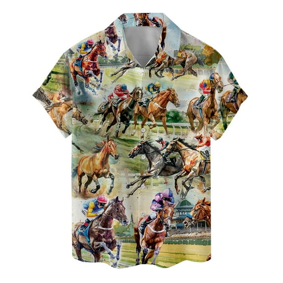 Retro Color Horse Racing Hawaiian Shirts For Men Kentucky Derby Mens Hawaiian Shirts Short Sleeve Button Down Shirt Men