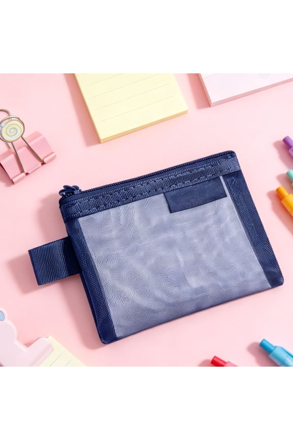 Retro-Color Trimmed Transparent Mesh Zipper Pouch(Blue) 4.33"×3.35" Lightweight Multi-Purpose Organizer for Everyday Carry, Travel Essentials, Cosmetics, Cards, Earbuds & Small Personal Items