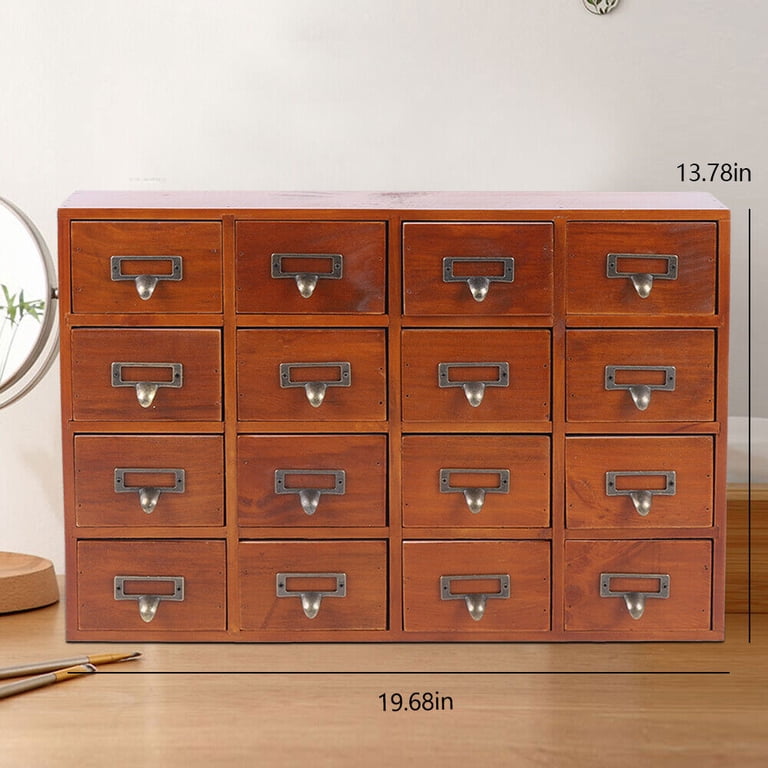 Retro Wood Vintage Apothecary Medicine Cabinet, 16 Drawers, Label