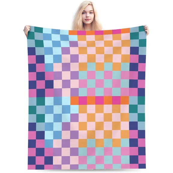 Retro Colorful Checkered Throw Blanket, Soft Cozy Flannel