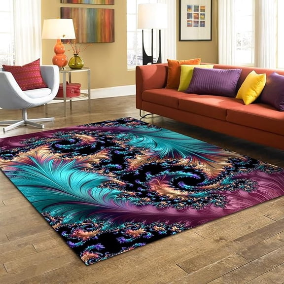 Retro Colorful Feathers Area Rugs, Abstract Tropical Rainforest Plants Living Room Carpet, Washable Rug Bright Color Fuzzy Plush Soft Apply To Playroom Cafe Office Hotels 5 x 8ft