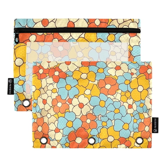 Retro Colorful Flowers 2 Pack Pencil Pouch for 3 Ring Binder Smooth Zipper Folders with Pockets Clear Window Pencil Case