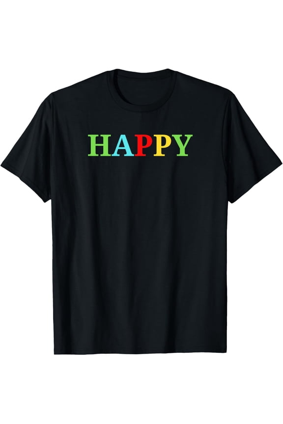 Retro Colorful Happy Graphic Tee - Positive Vibes Short Sleeve Cotton T-Shirt for Men and Women - Cute Minimalist Summer Top