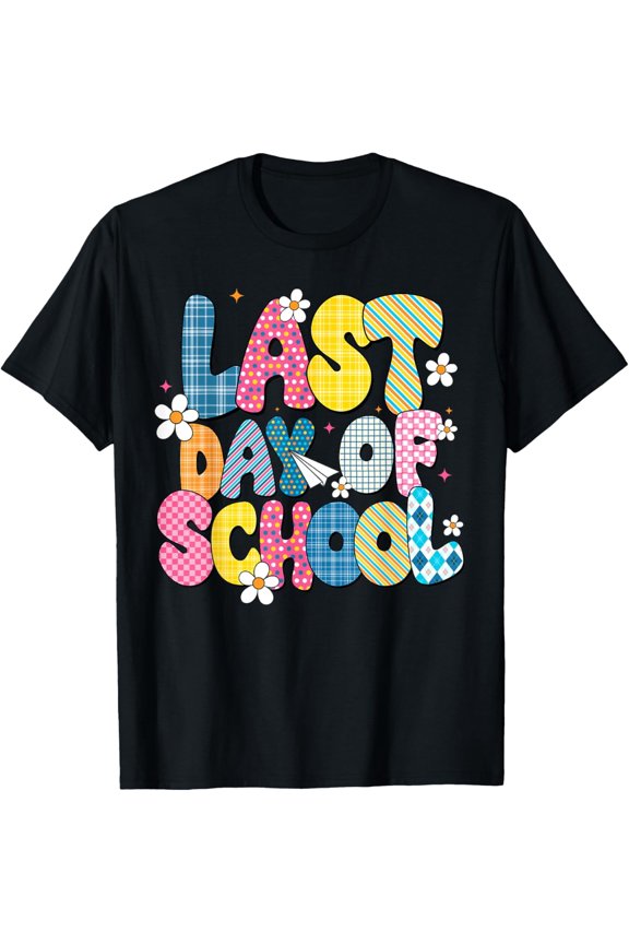 Retro Colorful Last Day of School T-Shirt - Vibrant Patterned Floral Teacher Student Summer Break Tee - School's Out Celebration Apparel