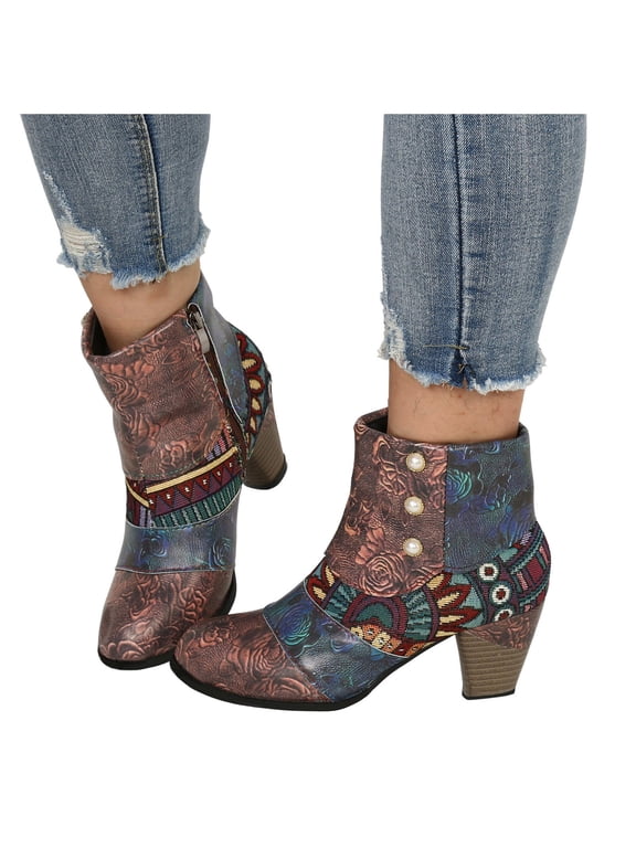 Retro Colorful Patchwork Ankle Boots for Women Chunky Block Heel Printed Short Boots Side Buttons and Zipper Festival Footwear Fall Winter
