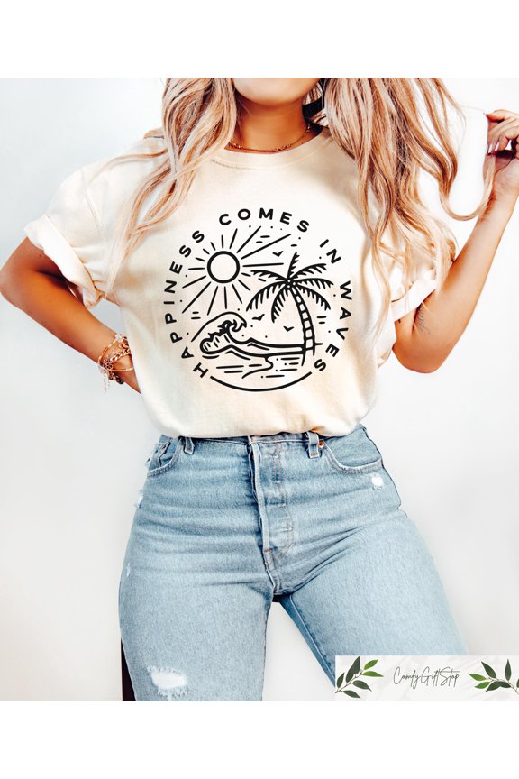 Retro Comfort Summer Tshirt, Happiness Comes In Waves Shirt, Wave Lover Tee, Beach Holiday Gift, Surf Vibes Crewneck, Summer Vacation Outfit, Vintage Birthday Gift