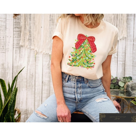 Retro Comfort season Tree Shirt With Coquette Bow, season Party T-shirt, Women’s Festive T-shirt, Group Family season s, F3686 All Size S-5Xl