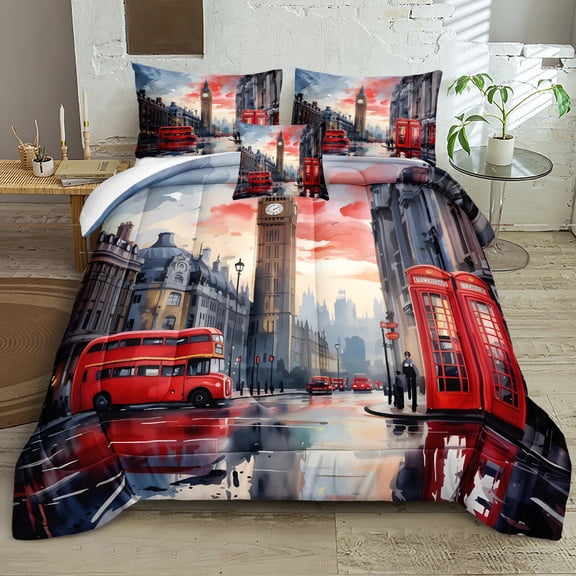 Retro Comforter Set UK London Bedding Set Vintage Big Ben Red Telephone Booth Romantic City Theme Bedding Comforter Women Boys Girls Bed Set Super Soft Cozy for All Season