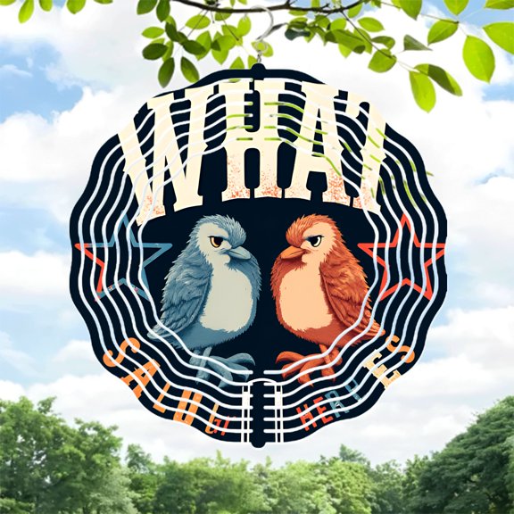 Retro Comic Style Metal Hanging Wind Spinners - Colorful Birds & Concentric Circles Design for Yard & Garden Decor