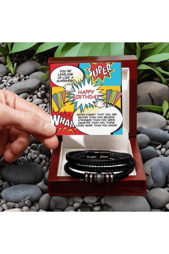 Retro Comic Superhero Happy Birthday Gift For Teen Boy Braided Vegan Leather Men Bracelet