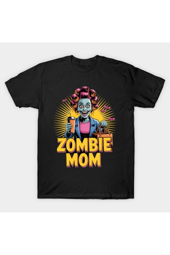 Retro Comic Zombie Mom Halloween Coffee Lover Funny Humor Vintage Graphic G018 T-Shirt, for men and women, Up to Size 5XL