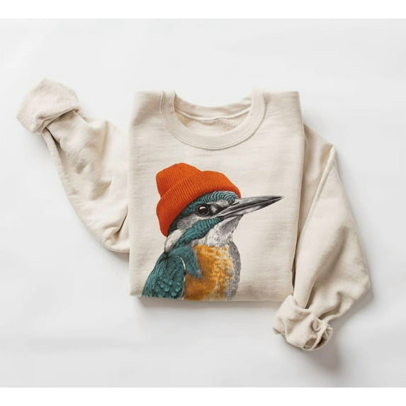 Retro Common Kingfisher Wearing Beanie Vintage Birding Sweatshirt - Sizes S-5XL ,Art Print JSC