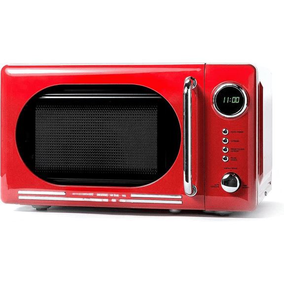 Retro Compact Countertop Microwave Oven 0.7 Cu Ft 700 Watts LED Display Child Lock Easy Clean Interior Red Bestseling