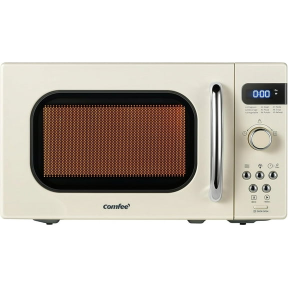 Retro Compact Microwave Oven 0.7 Cu Ft 700W with 9 Preset Menus Position Memory Turntable Mute Function Countertop Cream Bestseling