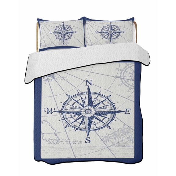 Retro Compass 3 Pieces Quilt Set, 1 Quilt with 2 Shams, Navigation Blue Lines Art Classic Bedspread Soft Lightweight Bedding Coverlet Comforter Set for All Season 68"x86"