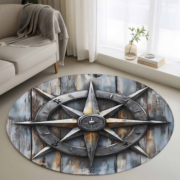 Retro Compass 3FT Round Area Rugs for Living Room Navigation Compass Wood Grain Ultra-Thin Non-Slip Round Rugs Machine Washable Low Pile Circle Carpet for Bedroom Kitchen Nursery