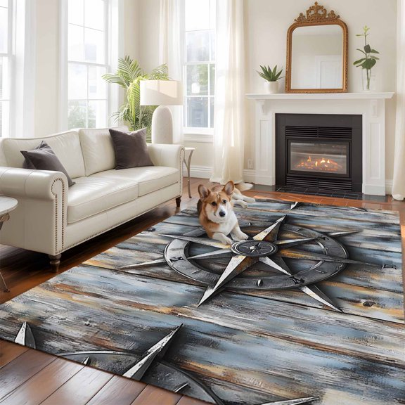 Retro Compass 5x7 Area Rugs for Living Room, Navigation Compass Wood Grain Non Slip Floor Mat Washable Low-Profile Indoor Carpet for Bedroom, Dining Room, Bathroom