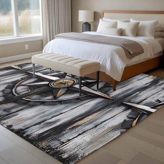 Retro Compass 6x9 Rug for Dining Room Table and Chair Setup, Nautical Low Pile Washable Non Slip Rectangle Area Rug