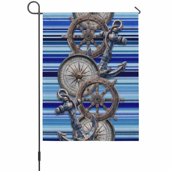 Retro Compass Anchor Garden Flag 12 x 18 Inches, Rudder Ocean Sea Nautical Blue Striped Weather Proof Outdoor Patio Flags Double Sided Small Garden Decoration for Yard Outside Home