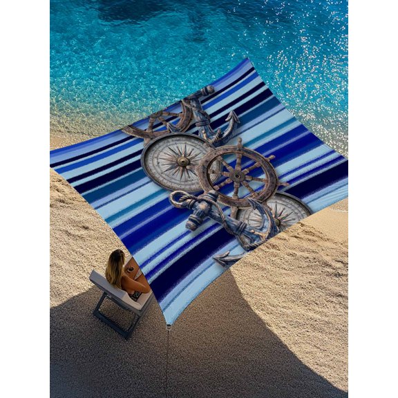 Retro Compass Anchor Sun Shade Sail 6.5' x 10', Rudder Ocean Sea Nautical Blue Striped Rectangle Outdoor Sunshade Canopy, Waterproof UV Block Patio Covers for Garden Yard Beach