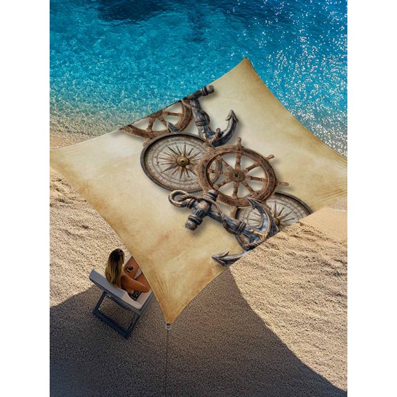 Retro Compass Anchor Sun Shade Sail 6.5' x 10', Vintage Rudder Ocean Sea Nautical Rectangle Outdoor Sunshade Canopy, Waterproof UV Block Patio Covers for Garden Yard Beach