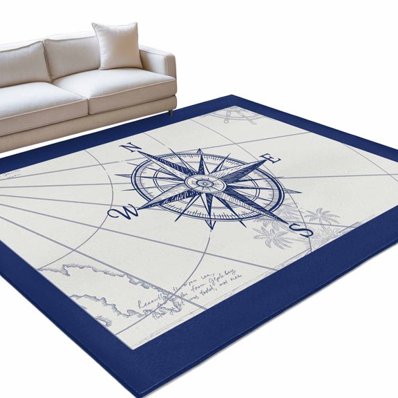 Retro Compass Area Rugs 6x9ft Navigation Blue Lines Art Classic Floor Rug Non Slip Low Pile Ultra Soft Throw Carpet for Entryway Indoor Entrance Kitchen Bathroom