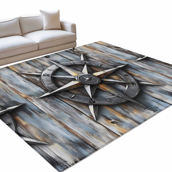 Retro Compass Area Rugs 6x9ft Navigation Compass Wood Grain Floor Rug Non Slip Low Pile Ultra Soft Throw Carpet for Entryway Indoor Entrance Kitchen Bathroom
