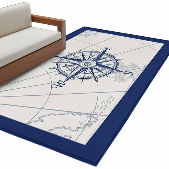 Retro Compass Area Rug 4x6ft Navigation Blue Lines Art Classic Non-Slip Washable Square Rugs Soft Felt Indoor Floor Mat for Bedroom Kitchen Living Room Bathroom