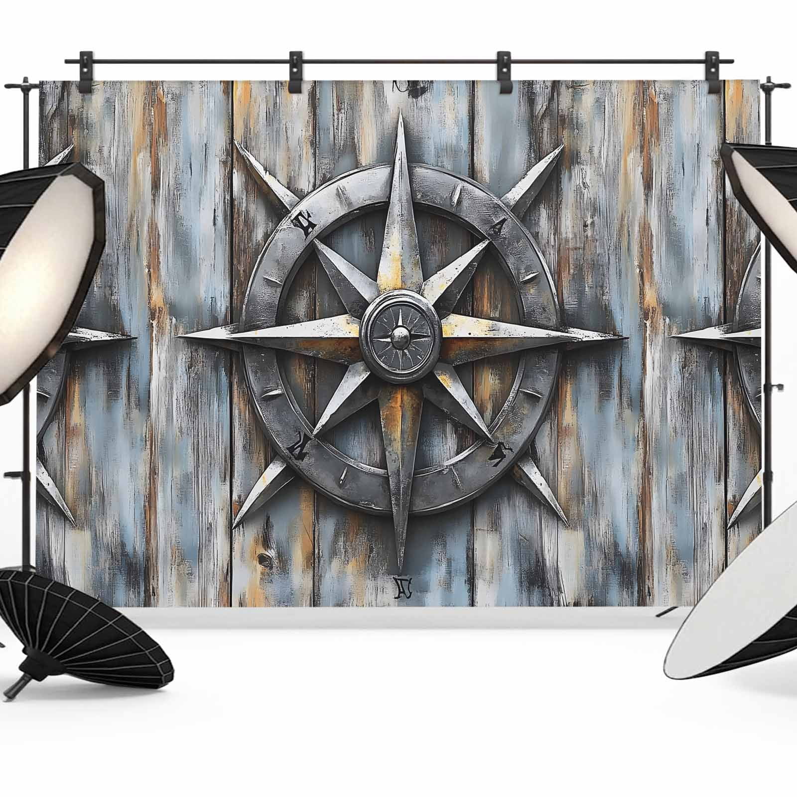Retro Compass Backdrop for Photography, Navigation Compass Wood Grain ...