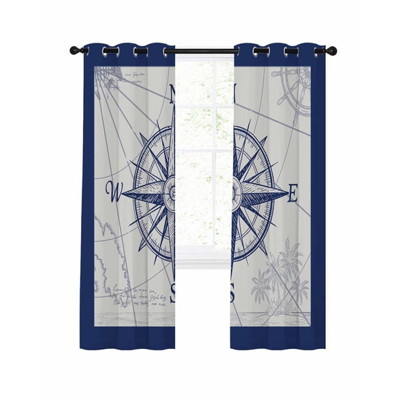 Retro Compass Blackout Curtains 63 Inch Length Navigation Blue Lines Art Classic Thermal Insulated Window Curtain Window Drapes 2 Panels for Bedroom Living Room 42"Wx63"L