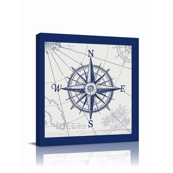 Retro Compass Canvas Wall Art, Navigation Blue Lines Art Classic Framed Wall Decor Modern Artwork Prints Painting for Living Room, Bedroom, Kitchen & Cafe Decor 8x8 Inch