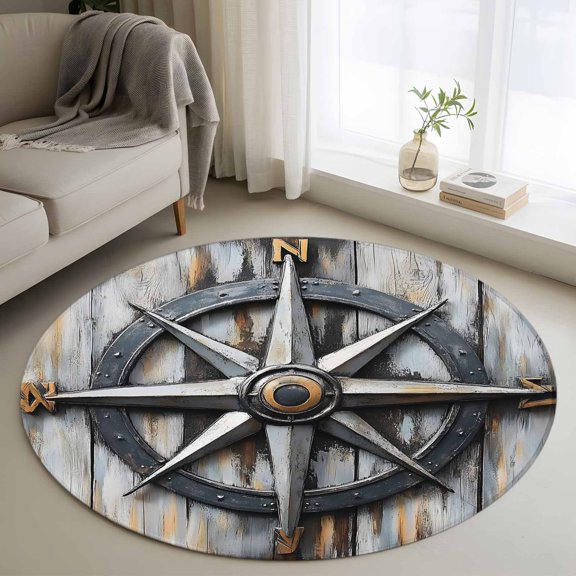 Retro Compass Coastal 3ft Area Rug, Nautical Summer Beach Ocean Washable Non-Slip Small Round Rugs for Entryway Bedroom Kitchen, Soft Circle Carpet for Dining Room, Playroom Nursery Rug