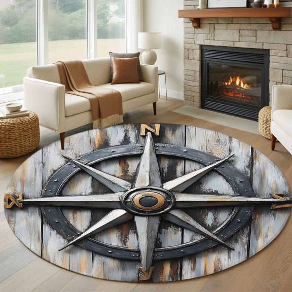 Retro Compass Coastal 8' Round Area Rug, Nautical Summer Beach Ocean Washable Non-Slip Large Circle Rugs for Living Room Bedroom, Soft Low Pile Rug Carpet for Dining Room Kitchen Farmhouse