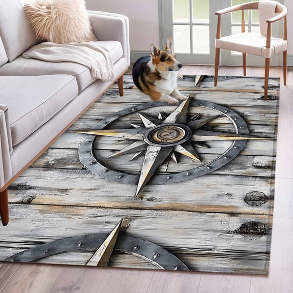 Retro Compass Coastal Area Rug 4x6 Washable Rug Non Slip Nautical Ocean Summer Beach Large Area Rug Indoor Floor Carpet for Entryway Bedroom Kitchen Living Room Home Office Dining Room Nursery