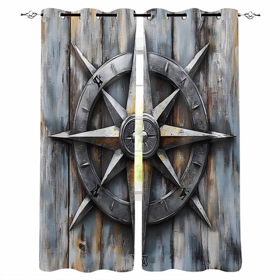 Retro Compass Coastal Blackout Curtains for Bedroom Living Room Darkening Curtains 54 Inch Long Summer Beach Ocean Nautical Short Curtain for Small Window Treatment Insulated Grommet Drapes 42"x54"x2