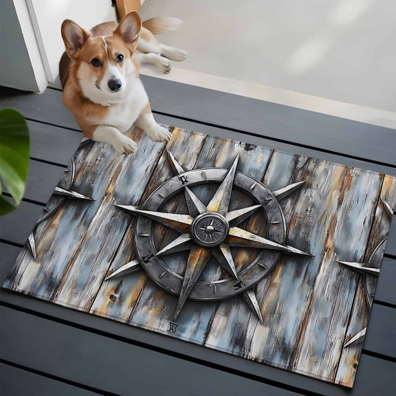 Retro Compass Entryway Area Rug 2x3 Navigation Compass Wood Grain Low-Profile Area Rugs with Non Slip Backing Indoor Door Mat for Entrance Living Room Bedroom Home Office