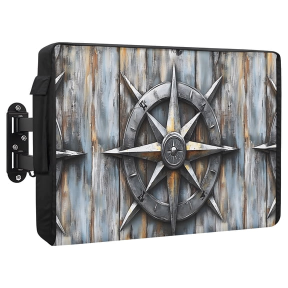 Retro Compass Outdoor TV Cover 48 to 50 Inch Navigation Compass Wood Grain Weatherproof and Waterproof TV Cover Heavy Duty Outside Flat TV Screen Protector with Remote Control Pocket