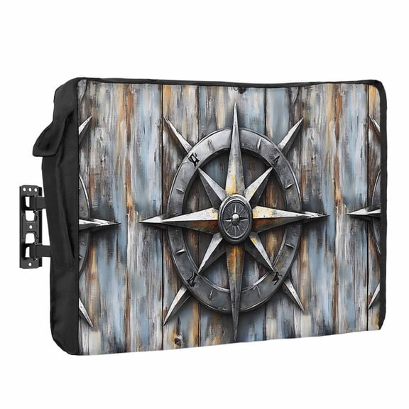 Retro Compass Outdoor TV Cover 70 to 75 inch Weatherproof Waterproof, Navigation Compass Wood Grain TV Enclosures with Remote Control Pocket Flat Screen Protector for Outside