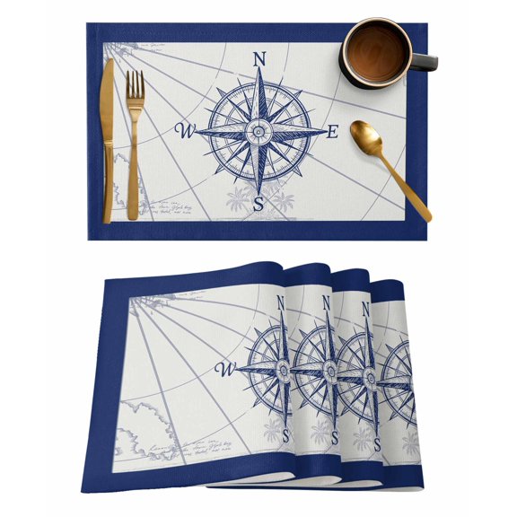 Retro Compass Placemats Set of 2 Navigation Blue Lines Art Classic Heat Insulation Washable Place Mats, Rustic Non-Slip Table Mats for Dining Table Party Kitchen Decor,13x19 Inch