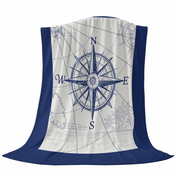 Retro Compass Throw Flannel Blanket Navigation Blue Lines Art Classic Super Soft Cozy Bed Blanket, Lightweight Plush Fuzzy Bed Throw for Bedroom Sofa Couch Living Room 40x50In,