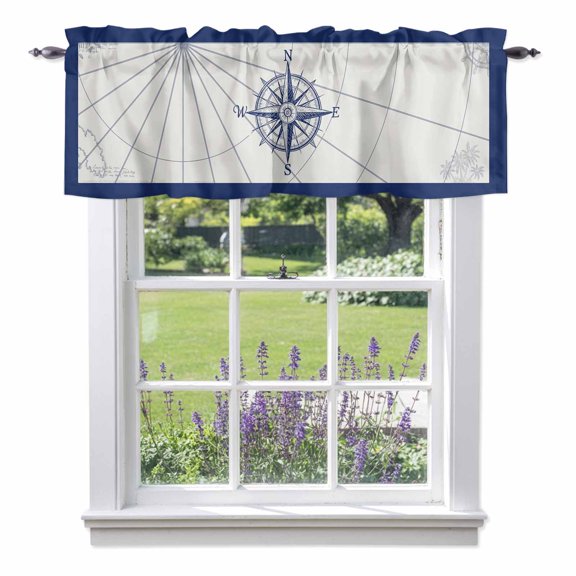 Retro Compass Valance Curtain Navigation Blue Lines Art Classic Window Valances Rod Pocket Short Curtains Window Treatments for Kitchen Bedroom Bathroom Laundry 54" x 18"