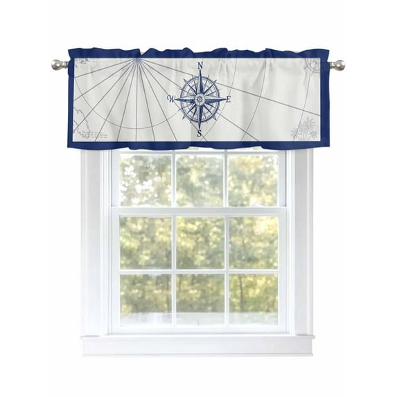 Retro Compass Valances for Windows Navigation Blue Lines Art Classic Rod Pocket Curtains Valance Short Window Treatment Drapes for Living Room, Bedroom Bathroom 42" W x 12" L