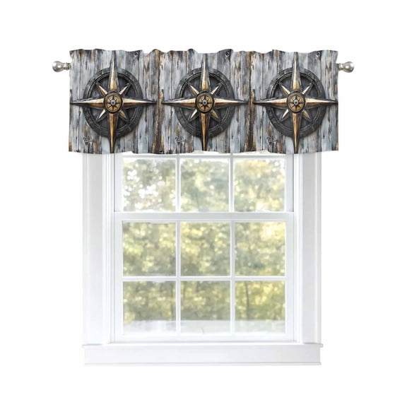Retro Compass Valances for Windows, Rod Pocket Kitchen Valance Curtains - Soft & Washable Small Window Treatment for Living Room, Bathroom, Navigation Board , 42x12 Inch, 1 Panel