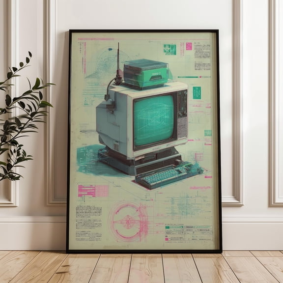 Retro Computer Blueprint Wall Art Print Detailed Technical Decor