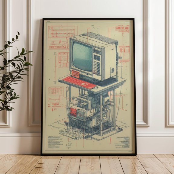Retro Computer Blueprint Wall Art Print Technical Office Decor