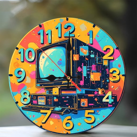 Retro Computer Clock Wall Art Vintage Decor 10-Inch Silent Wooden Wall Clock, Battery Operated (AA Batteries Not Included), Artistic Home Decor