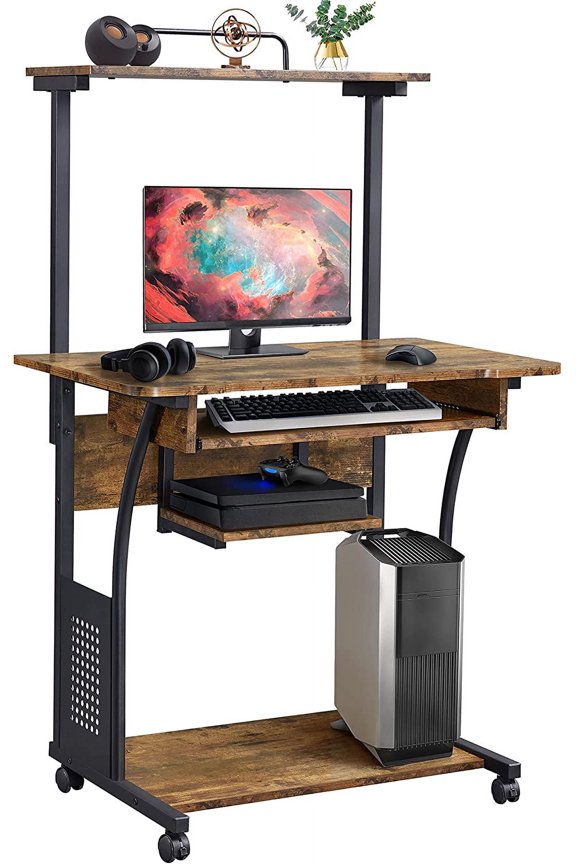 Retro Computer Desk on Wheels Mobile Computer Desk with Printer Shelf and Keyboard Tray, 3 Tiers Home Office Desk with Storage for Small Space, Compact Computer Workstation, Rustic Brown