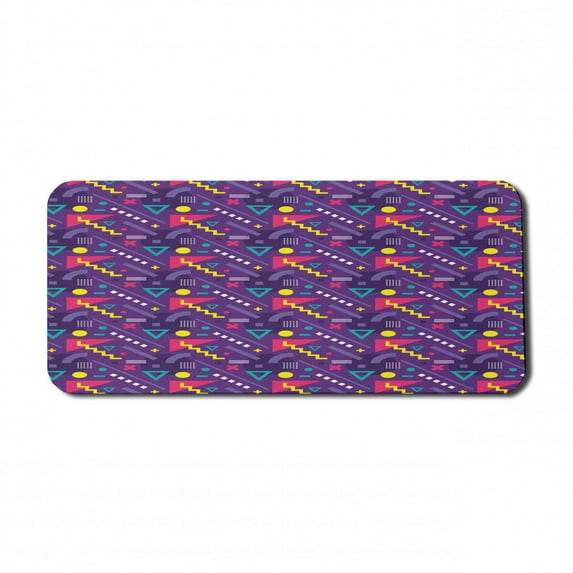 Retro Computer Mouse Pad, Memphis Art Design Group Vintage Geometric Pop 80's Zigzags Forms Print, Rectangle Non-Slip Rubber Mousepad X-Large, 35" x 15", Purple and Multicolor, by Ambesonne