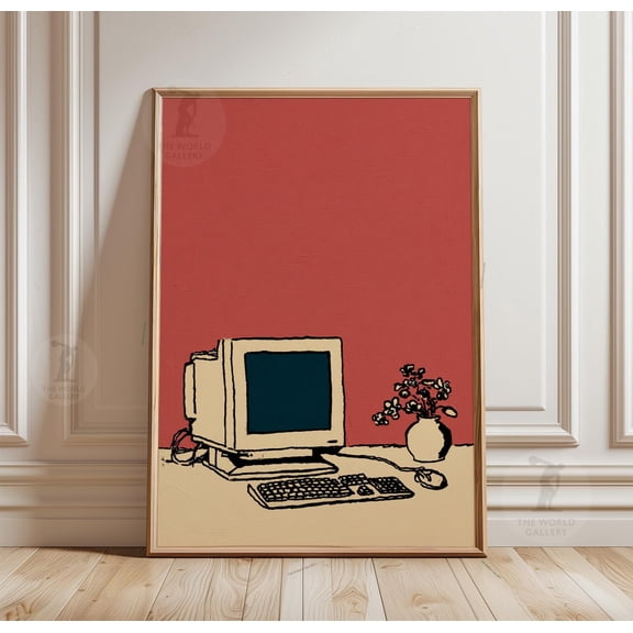 Retro Computer Poster Tech Art Minimal Desk Illustration Office Decor