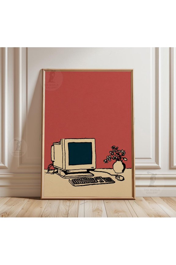 Retro Computer Poster Vintage Tech Art Minimal Desk Illustration, Unframed Poster